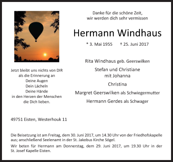 Traueranzeige von Hermann Windhaus von Neue Osnabrücker Zeitung GmbH & Co. KG