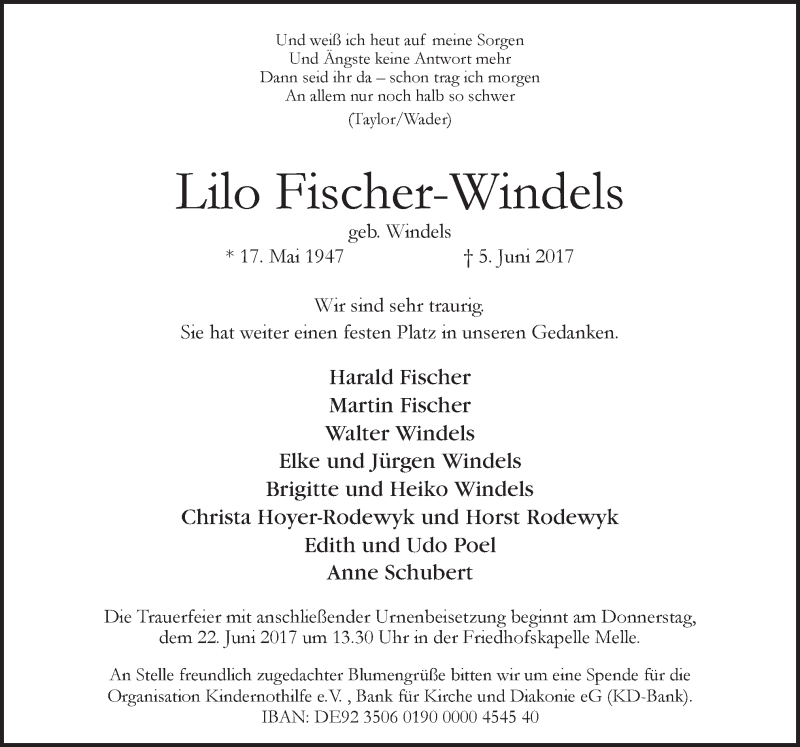  Traueranzeige für Lilo Fischer-Windels vom 19.06.2017 aus Neue Osnabrücker Zeitung GmbH & Co. KG