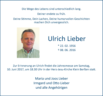 Traueranzeige von Ulrich Lieber von Neue Osnabrücker Zeitung GmbH & Co. KG