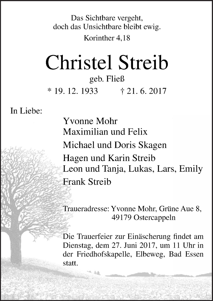  Traueranzeige für Christel Streib vom 24.06.2017 aus Neue Osnabrücker Zeitung GmbH & Co. KG