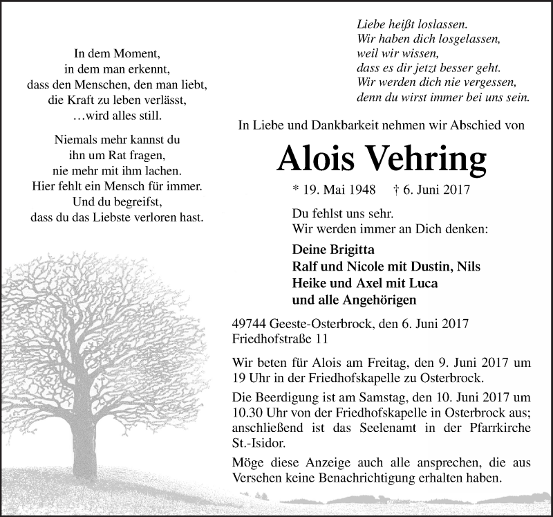  Traueranzeige für Alois Vehring vom 08.06.2017 aus Neue Osnabrücker Zeitung GmbH & Co. KG