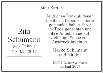 Traueranzeige von Rita Schümann von Neue Osnabrücker Zeitung GmbH & Co. KG