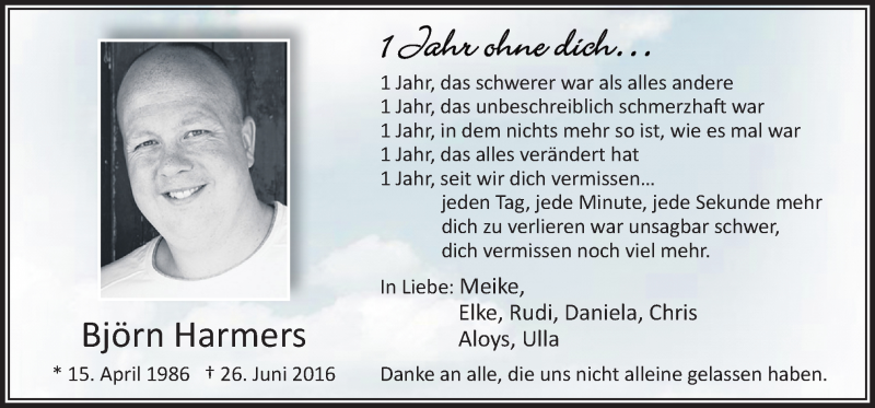  Traueranzeige für Björn Harmers vom 26.06.2017 aus Neue Osnabrücker Zeitung GmbH & Co. KG