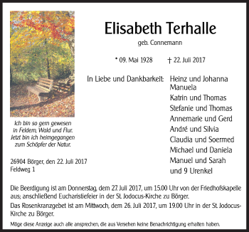 Traueranzeige von Elisabeth Terhall von Neue Osnabrücker Zeitung GmbH & Co. KG