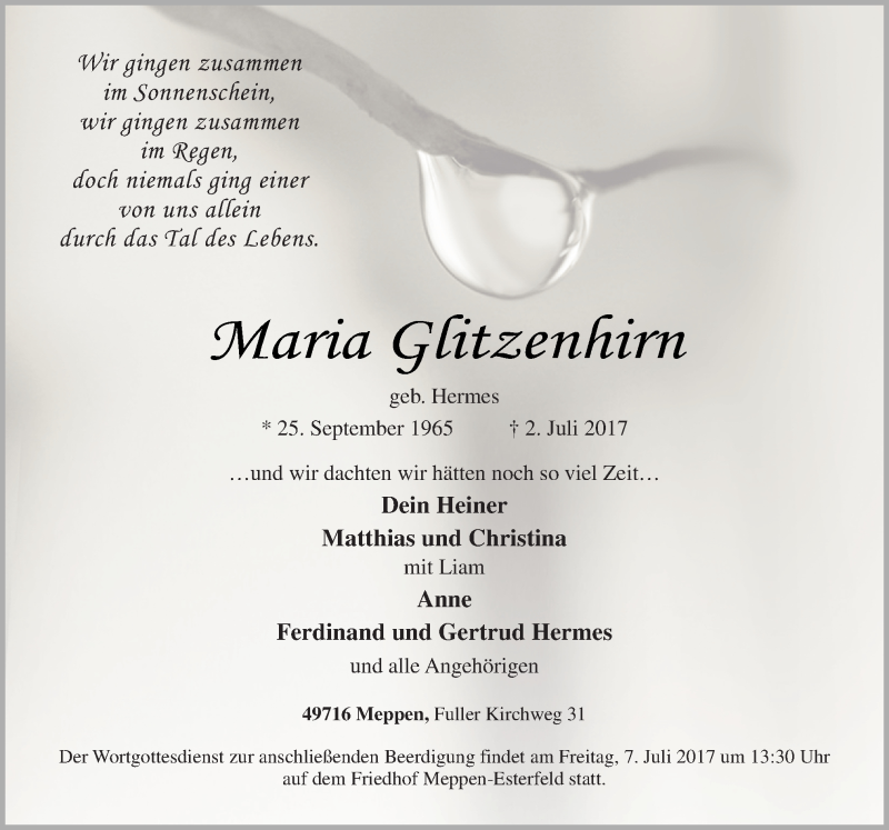  Traueranzeige für Maria Glitzenhirn vom 05.07.2017 aus Neue Osnabrücker Zeitung GmbH & Co. KG