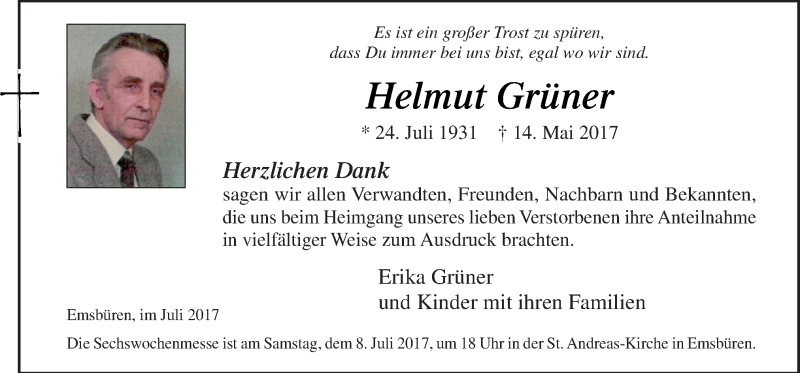 Traueranzeige für Helmut Grüner vom 05.07.2017 aus Neue Osnabrücker Zeitung GmbH & Co. KG