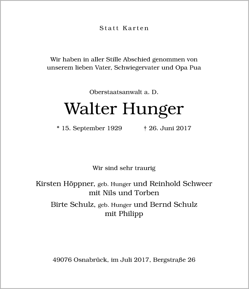  Traueranzeige für Walter Hunger vom 01.07.2017 aus Neue Osnabrücker Zeitung GmbH & Co. KG