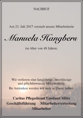 Traueranzeige von Manuela Hangbers von Neue Osnabrücker Zeitung GmbH & Co. KG