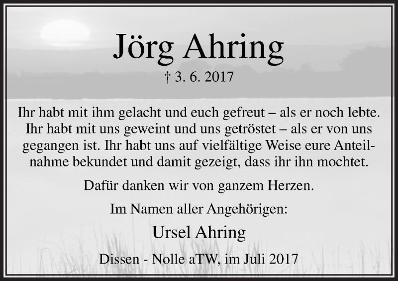  Traueranzeige für Jörg Ahring vom 22.07.2017 aus Neue Osnabrücker Zeitung GmbH & Co. KG