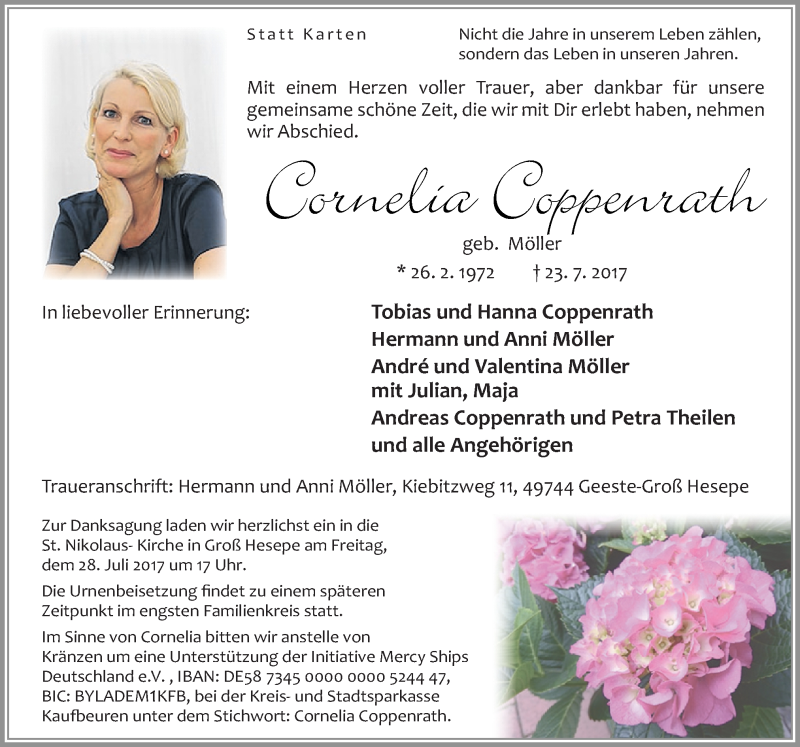  Traueranzeige für Cornelia Coppenrath vom 26.07.2017 aus Neue Osnabrücker Zeitung GmbH & Co. KG