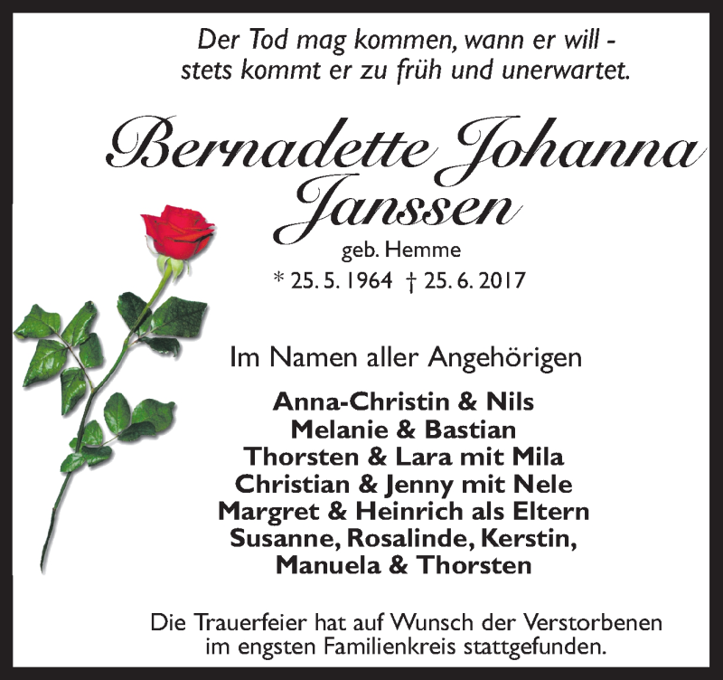  Traueranzeige für Bernadette Johanna Janssen vom 01.07.2017 aus Neue Osnabrücker Zeitung GmbH & Co. KG