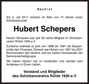 Traueranzeige von Hubert Schepers von Neue Osnabrücker Zeitung GmbH & Co. KG