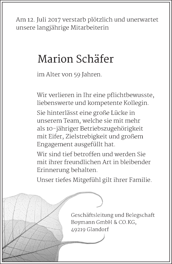  Traueranzeige für Marion Schäfer vom 19.07.2017 aus Neue Osnabrücker Zeitung GmbH & Co. KG