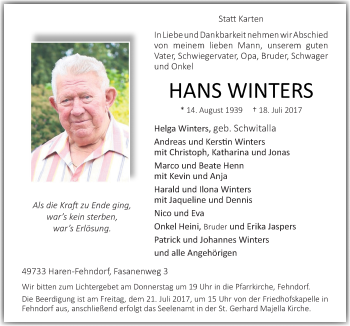 Traueranzeige von Hans Winters von Neue Osnabrücker Zeitung GmbH & Co. KG