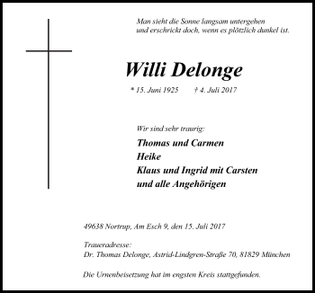 Traueranzeige von Willi Delonge von Neue Osnabrücker Zeitung GmbH & Co. KG
