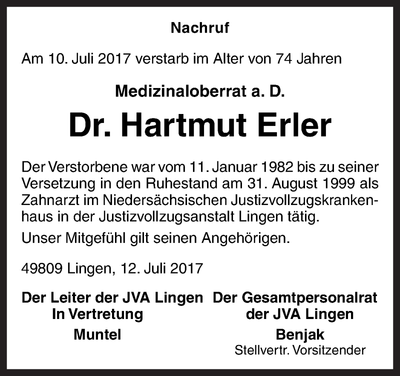  Traueranzeige für Hartmut Erler vom 14.07.2017 aus Neue Osnabrücker Zeitung GmbH & Co. KG