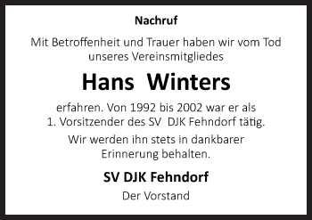 Traueranzeige von Hans Winters von Neue Osnabrücker Zeitung GmbH & Co. KG