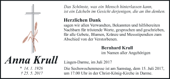 Traueranzeige von Anna Krull von Neue Osnabrücker Zeitung GmbH & Co. KG