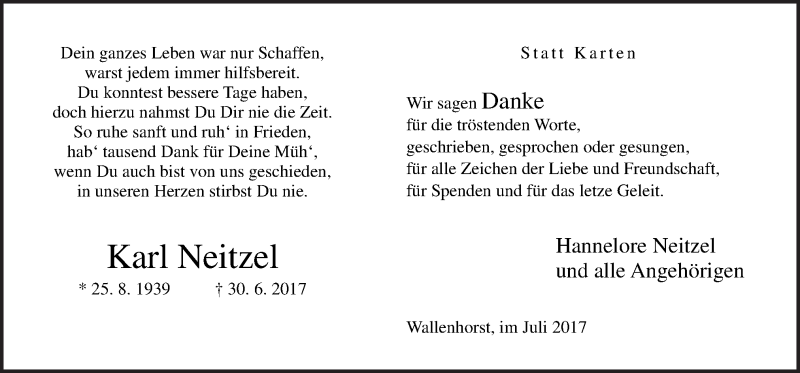  Traueranzeige für Karl Neitzel vom 15.07.2017 aus Neue Osnabrücker Zeitung GmbH & Co. KG