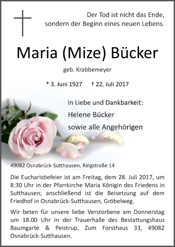 Traueranzeige von Maria Mize Bücker von Neue Osnabrücker Zeitung GmbH & Co. KG
