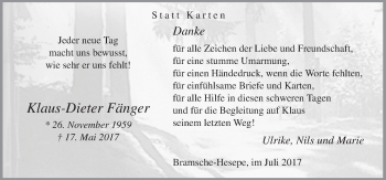 Traueranzeige von Klaus-Dieter Fänger von Neue Osnabrücker Zeitung GmbH & Co. KG