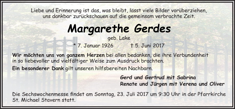  Traueranzeige für Margarethe Gerdes vom 22.07.2017 aus Neue Osnabrücker Zeitung GmbH & Co. KG
