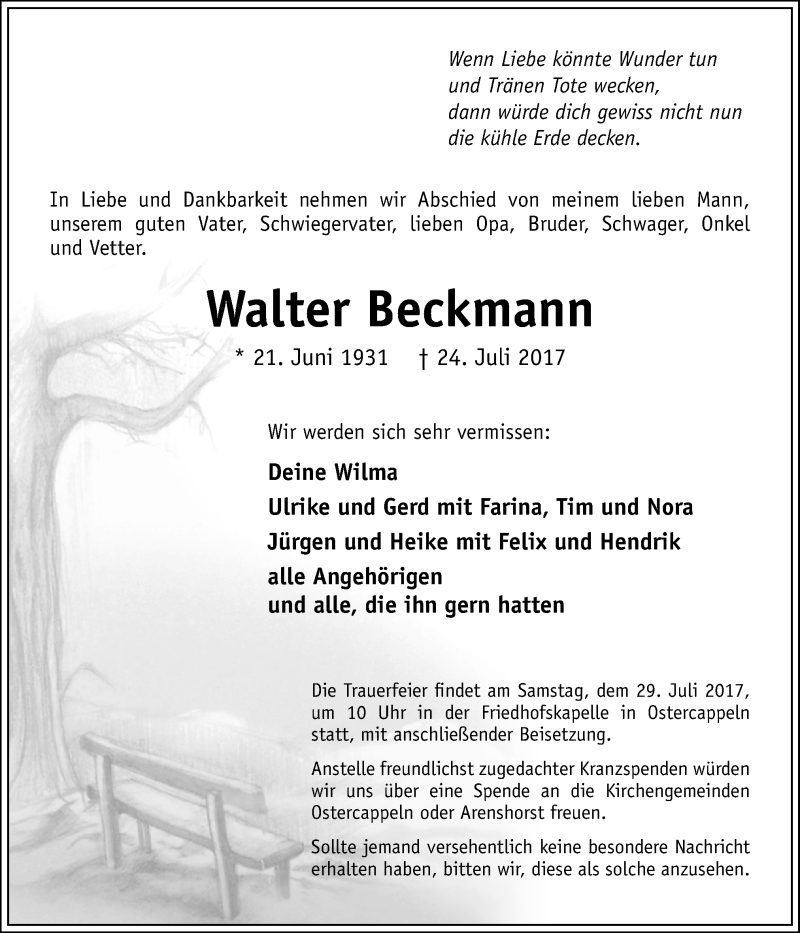  Traueranzeige für Walter Beckmann vom 27.07.2017 aus Neue Osnabrücker Zeitung GmbH & Co. KG