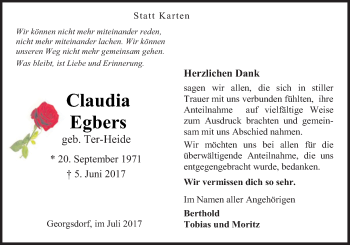 Traueranzeige von Claudia Egbers von Neue Osnabrücker Zeitung GmbH & Co. KG