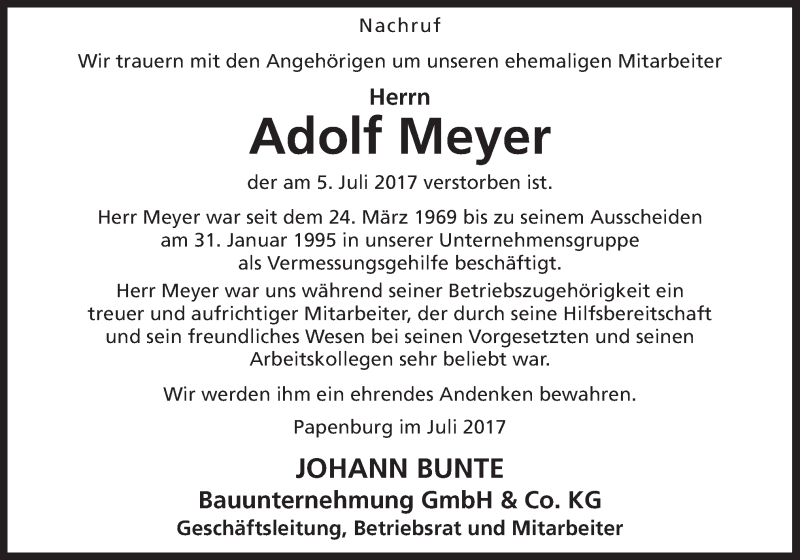  Traueranzeige für Adolf Meyer vom 13.07.2017 aus Neue Osnabrücker Zeitung GmbH & Co. KG