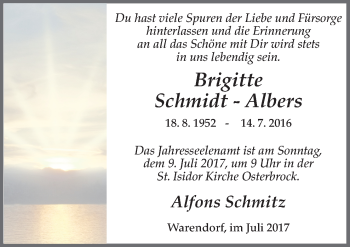 Traueranzeige von Brigitte Schmidt-Albers von Neue Osnabrücker Zeitung GmbH & Co. KG