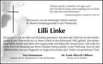 Traueranzeige von Lilli Linke von Neue Osnabrücker Zeitung GmbH & Co. KG