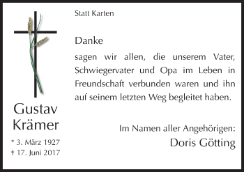 Traueranzeige von Gustav Krämer von Neue Osnabrücker Zeitung GmbH & Co. KG
