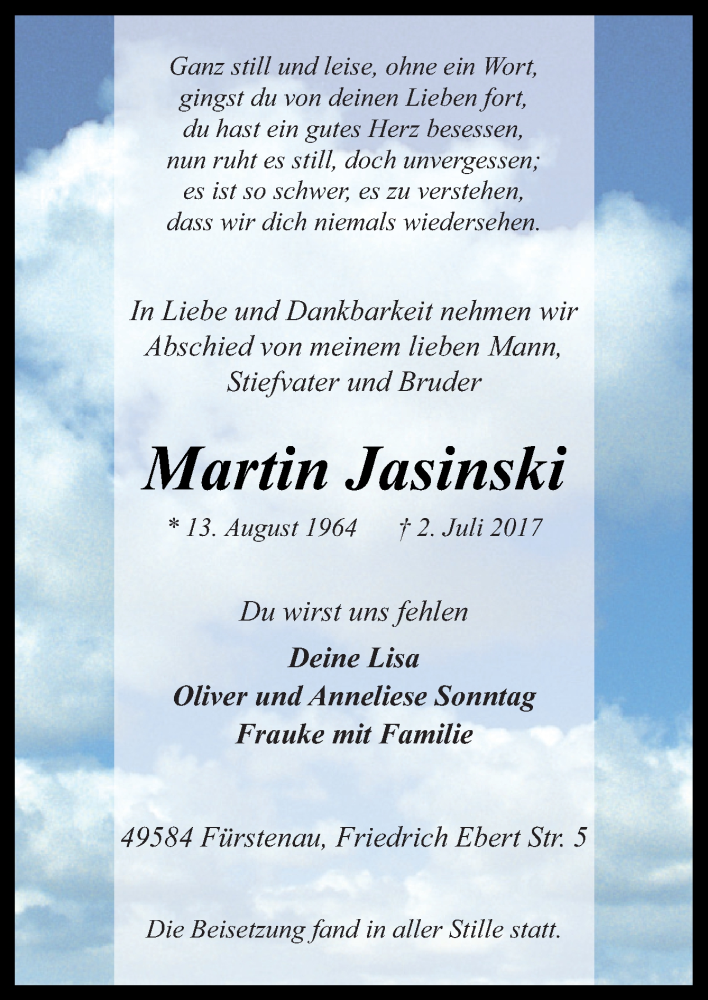  Traueranzeige für Martin Jasinski vom 19.07.2017 aus Neue Osnabrücker Zeitung GmbH & Co. KG