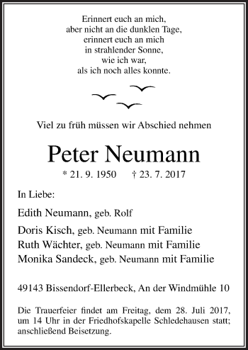 Traueranzeige von Peter Neumann von Neue Osnabrücker Zeitung GmbH & Co. KG
