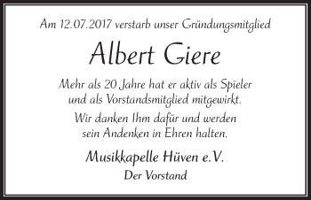 Traueranzeige von Albert Giere von Neue Osnabrücker Zeitung GmbH & Co. KG