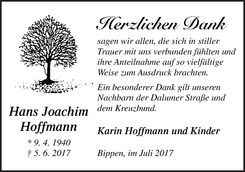  Traueranzeige für Hans Joachim Hoffmann vom 08.07.2017 aus Neue Osnabrücker Zeitung GmbH & Co. KG
