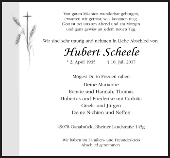 Traueranzeige von Hubert Scheele von Neue Osnabrücker Zeitung GmbH & Co. KG