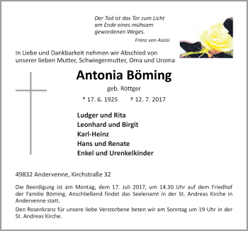 Traueranzeige von Antonia Böming von Neue Osnabrücker Zeitung GmbH & Co. KG