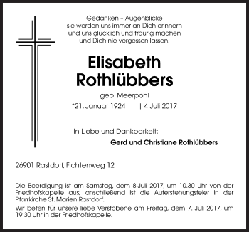 Traueranzeige von Elisabeth Rothlübbers von Neue Osnabrücker Zeitung GmbH & Co. KG
