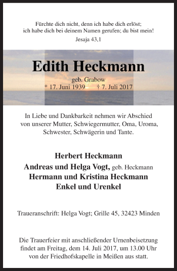 Traueranzeige von Edith Heckmann von Neue Osnabrücker Zeitung GmbH & Co. KG