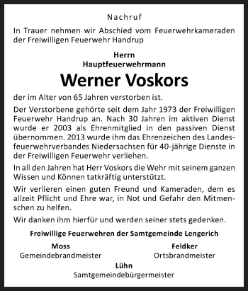 Traueranzeige von Werner Voskors von Neue Osnabrücker Zeitung GmbH & Co. KG