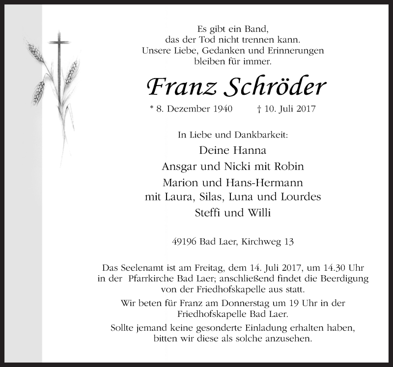  Traueranzeige für Franz Schröder vom 12.07.2017 aus Neue Osnabrücker Zeitung GmbH & Co. KG
