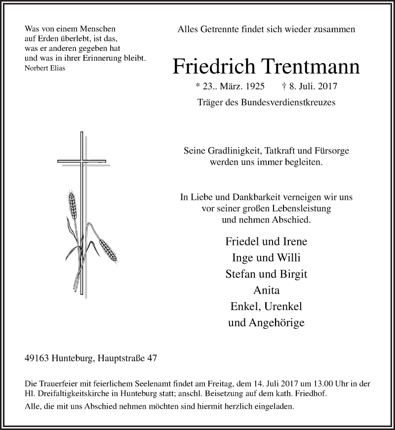  Traueranzeige für Friedrich Trentmann vom 11.07.2017 aus Neue Osnabrücker Zeitung GmbH & Co. KG
