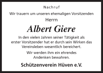 Traueranzeige von Albert Giere von Neue Osnabrücker Zeitung GmbH & Co. KG