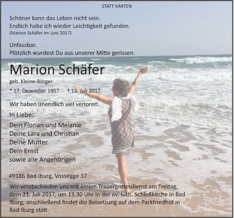  Traueranzeige für Marion Schäfer vom 15.07.2017 aus Neue Osnabrücker Zeitung GmbH & Co. KG