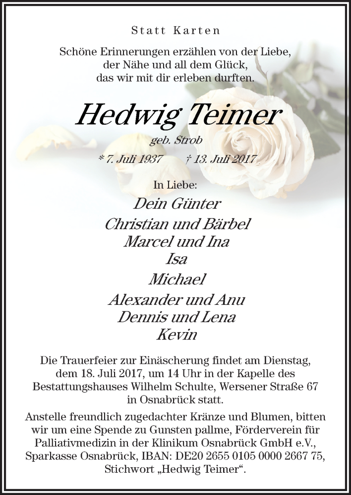  Traueranzeige für Hedwig Teimer vom 15.07.2017 aus Neue Osnabrücker Zeitung GmbH & Co. KG