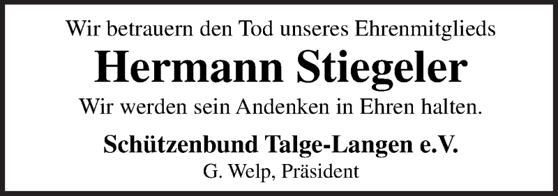  Traueranzeige für Hermann Stiegeler vom 26.07.2017 aus Neue Osnabrücker Zeitung GmbH & Co. KG