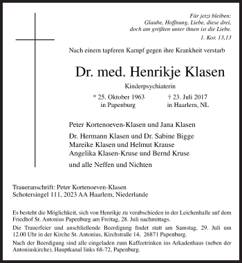 Traueranzeige von Henrikje Klasen von Neue Osnabrücker Zeitung GmbH & Co. KG