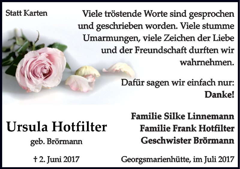  Traueranzeige für Ursula Hotfilter vom 08.07.2017 aus Neue Osnabrücker Zeitung GmbH & Co. KG