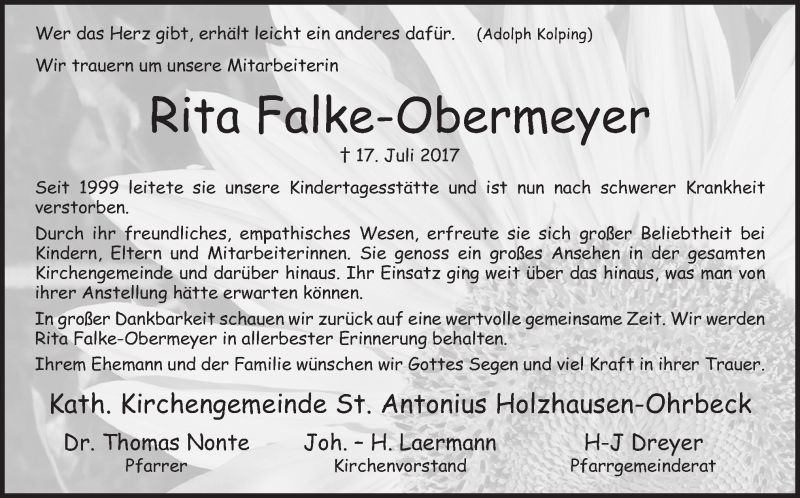  Traueranzeige für Rita Falke-Obermeyer vom 26.07.2017 aus Neue Osnabrücker Zeitung GmbH & Co. KG